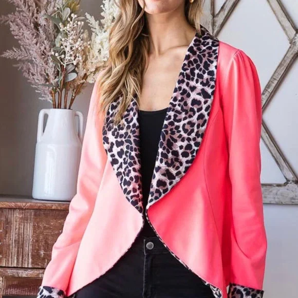 1X-3X Elle Pink Leopard Print Open Shawl Blazer-Host Pick - Picture 5 of 12
